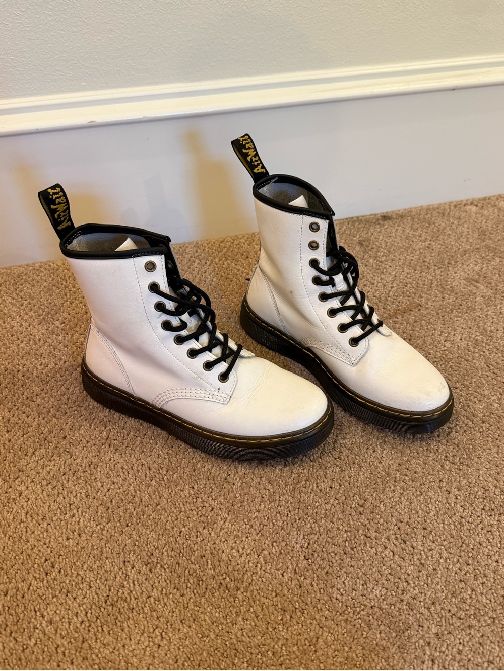Dr. Martens White Leather Combat Boots with Black Trim